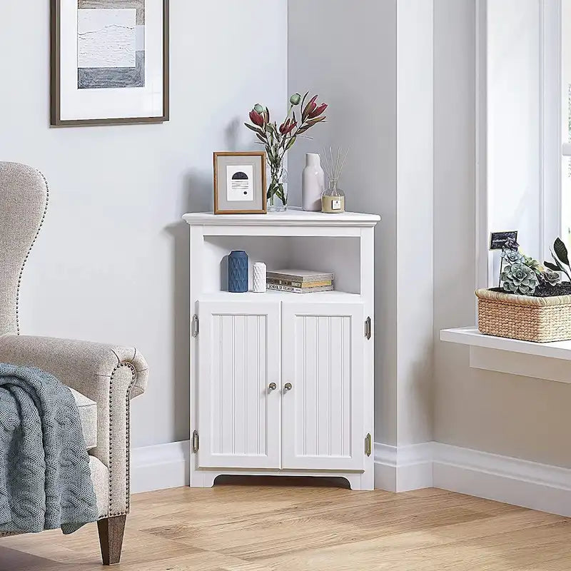 Mobile angolare salvaspazio, mobile angolare da terra per bagno con ante e ripiani per bagno, cucina, soggiorno, bianco