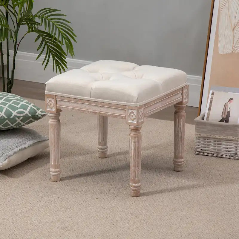 15,75 Pouf Vintage, Poggiapiedi Trapuntato con Seduta Imbottita, Gambe in Legno Rustico per Camera da Letto, Soggiorno