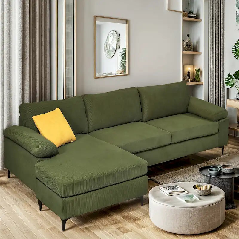 Moderno divano convertibile chaise longue in poliestere con gambe in metallo per soggiorno