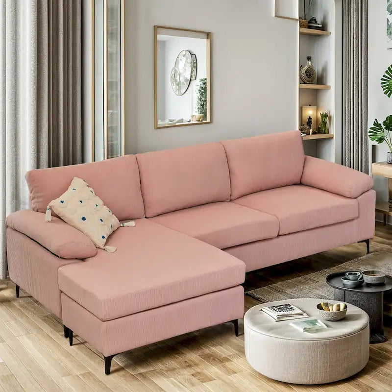 Moderno divano convertibile chaise longue in poliestere con gambe in metallo per soggiorno