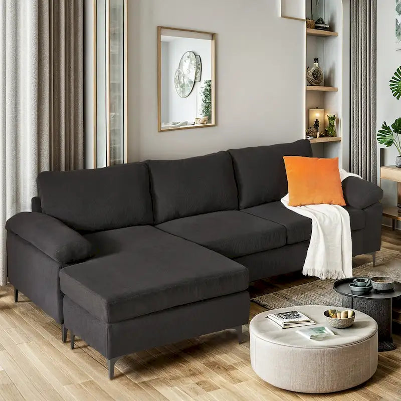 Moderno divano convertibile chaise longue in poliestere con gambe in metallo per soggiorno