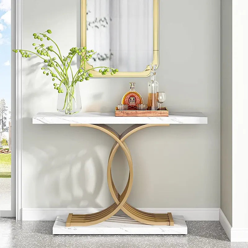 Consolle moderna effetto marmo con base geometrica, larghezza 40