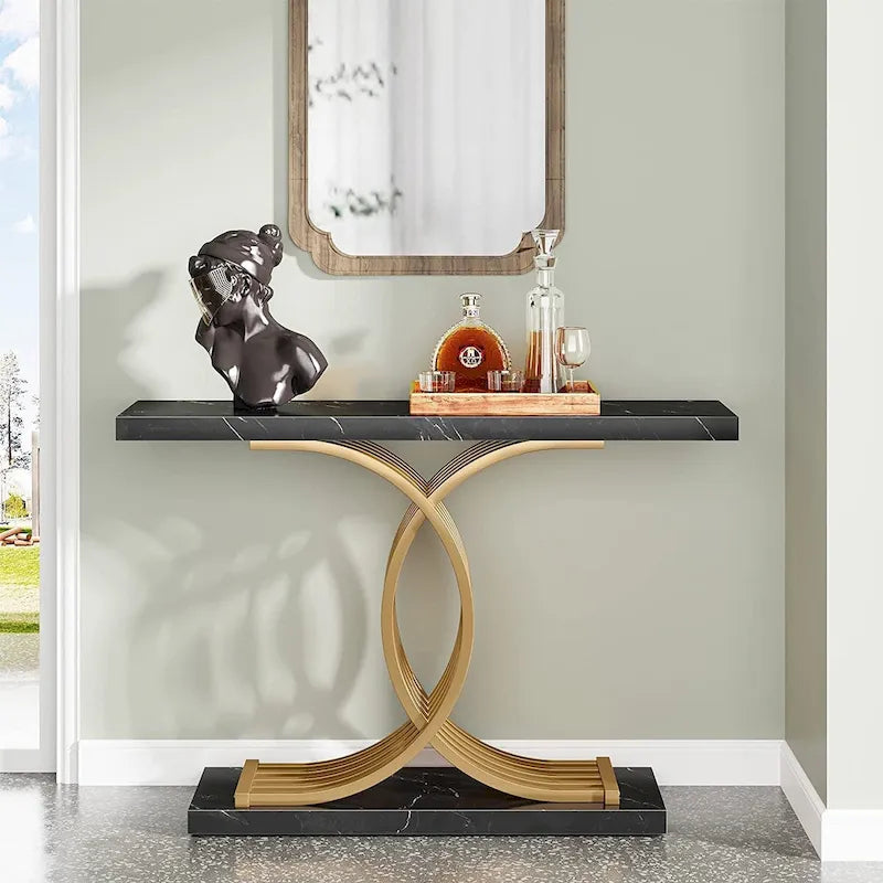 Consolle moderna effetto marmo con base geometrica, larghezza 40