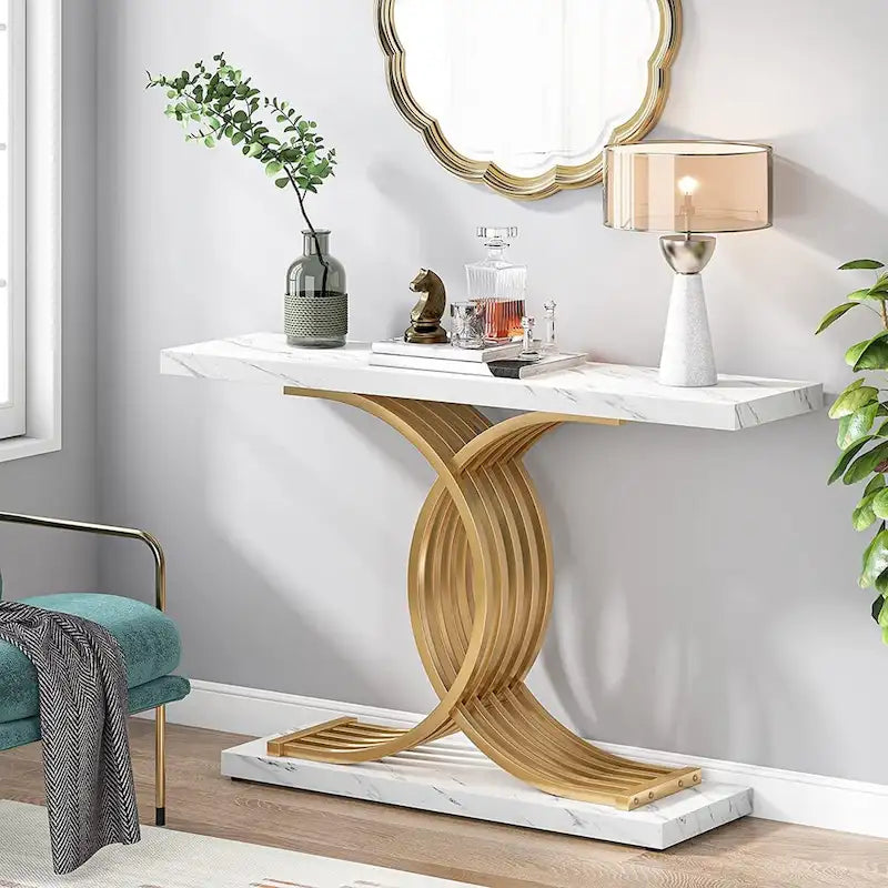 Consolle moderna effetto marmo con base geometrica, larghezza 40