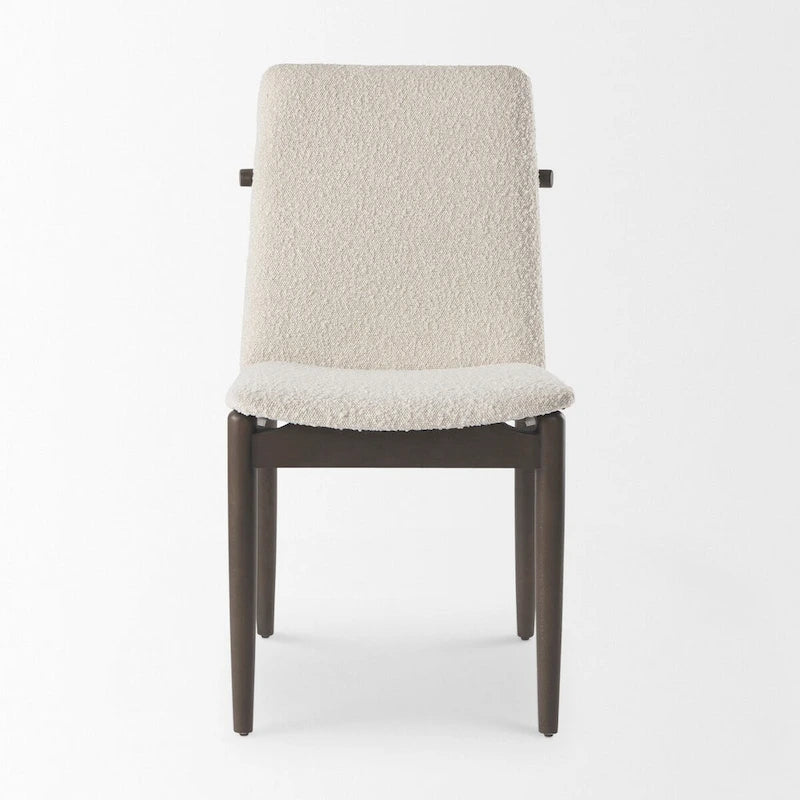 Sedia da pranzo con seduta imbottita in bouclé crema e struttura in legno marrone scuro